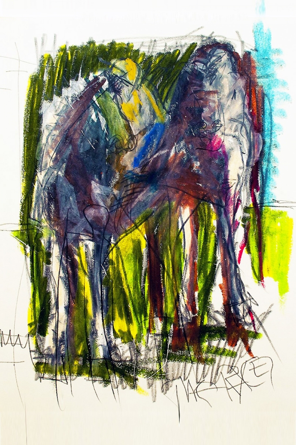 Cavalli con fantini | 2015 | tecnica mista su carta | 25x34 cm