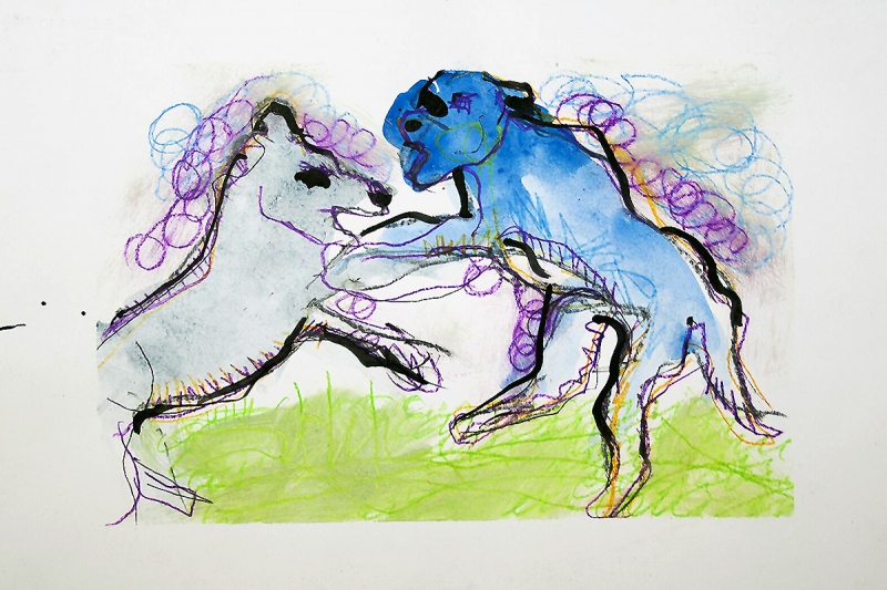 Lotta tra cani 1 | 2014 | tecnica mista su carta | 30x21 cm